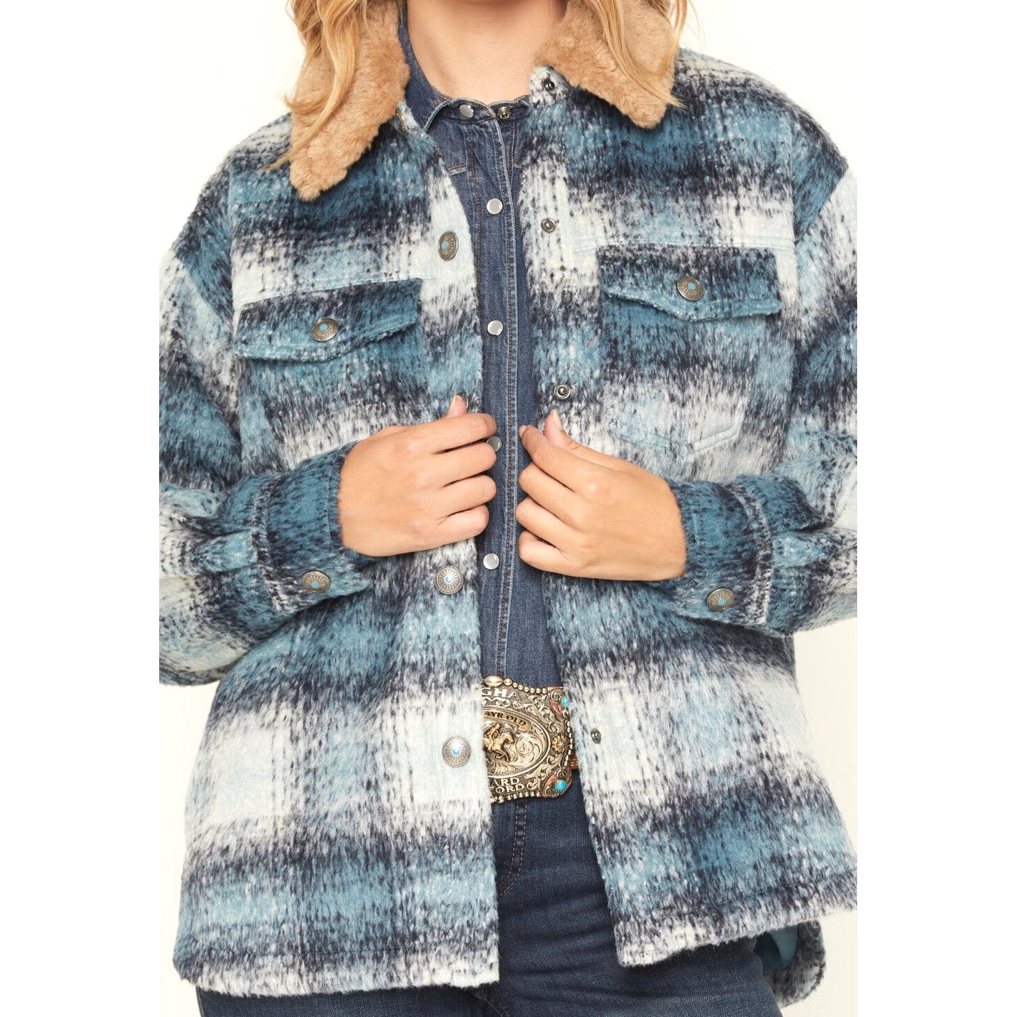 New Shyanne Women's Sherpa Collar Shacket Xxxl Turquoise Concho Snaps Western